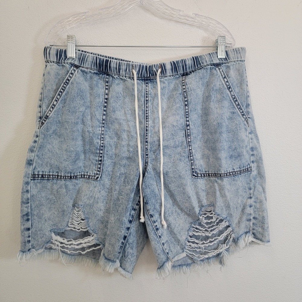 Project Indigo Women XL Blue Cotton Distressed Cut-Off Pull-On Drawstring Shorts